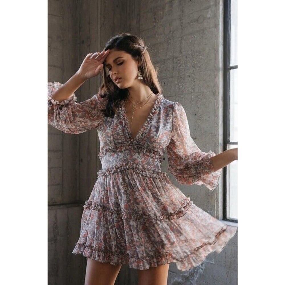 AURA the Label NWT Boho Floral Mini Puff Sleeve Dress Size Small